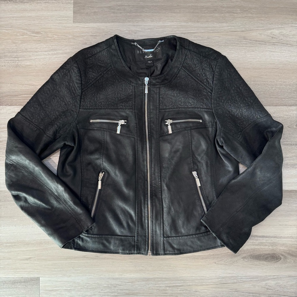 BERNARDO Women’s Large Black 100% Genuine Leather Embroidered Zip-Up Jacket Coat